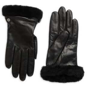 UGG Womens Shearling-Trim cuff Black leather Shorty Gloves Size Medium